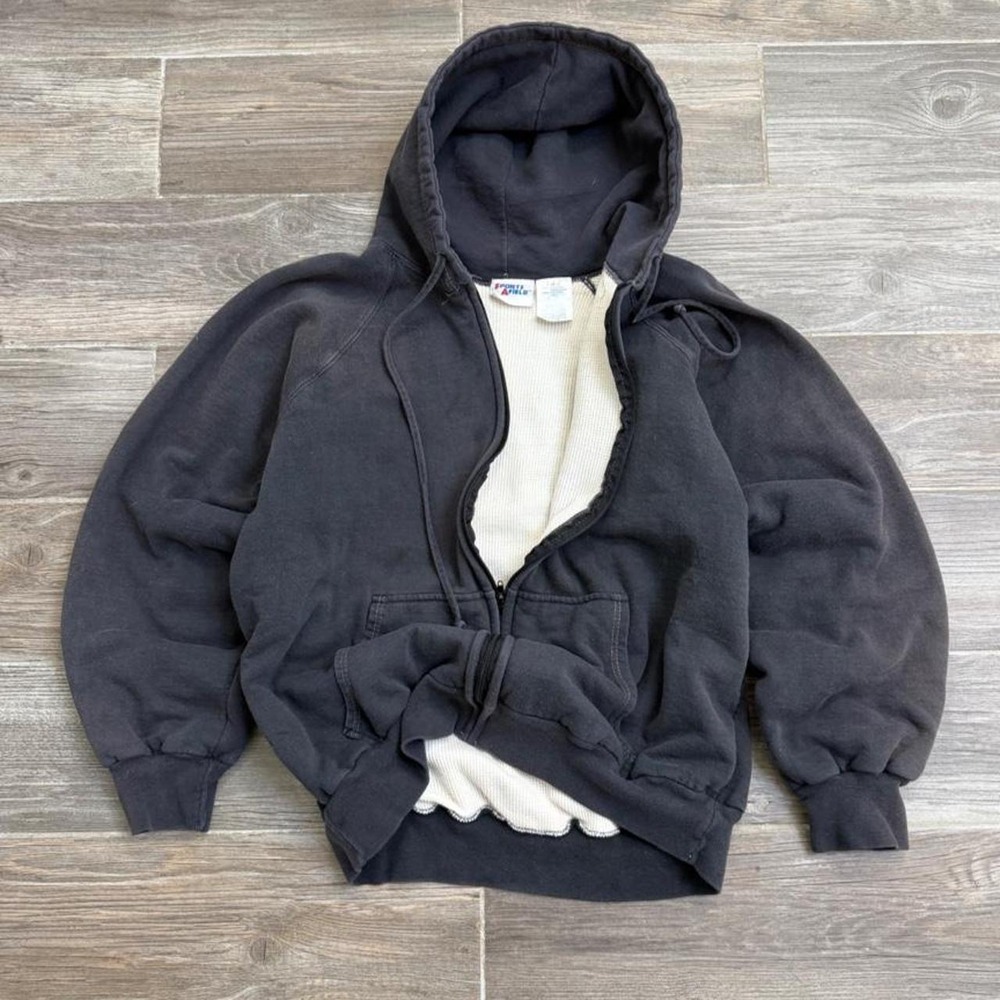 Vintage 90s faded Black Zip Up thermal lined Hoodie size M